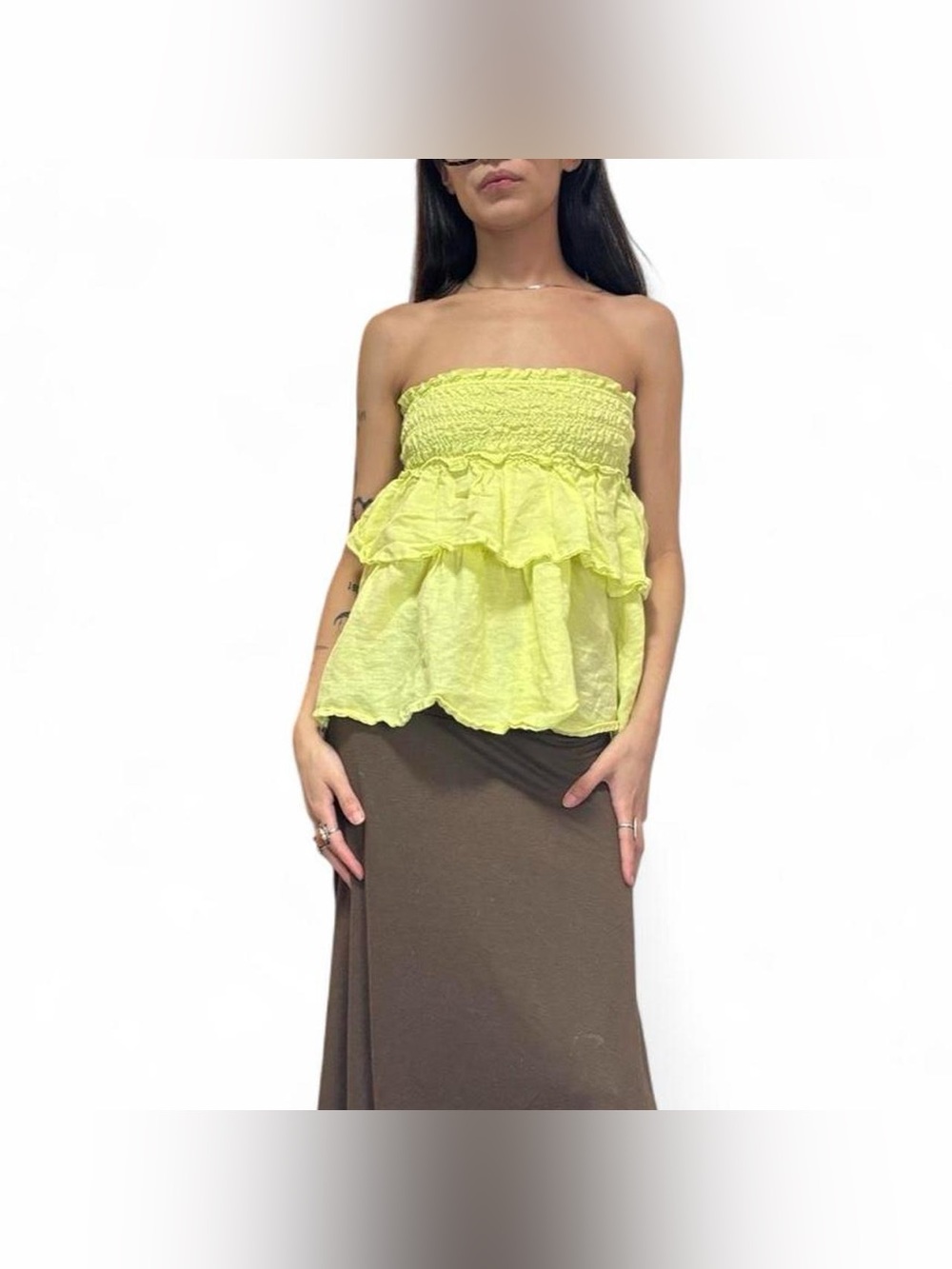 Pale Green Linen & Cotton Blend Ruffled Bandeau Top by Crewcuts